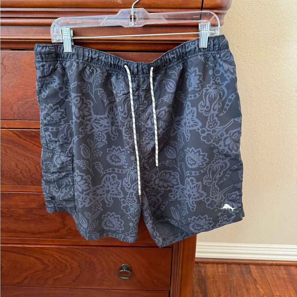Men's Black Floral Swim Trunks with Drawstring